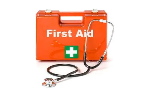 First aid kit with stethoscope Stock Photos