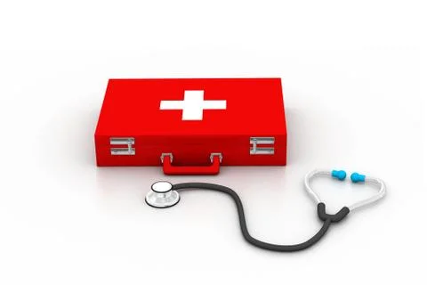 First Aid kit with stethoscope in white background Stock Illustration