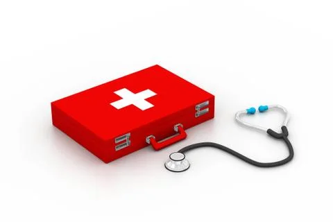 First Aid kit with stethoscope in white background Stock Illustration