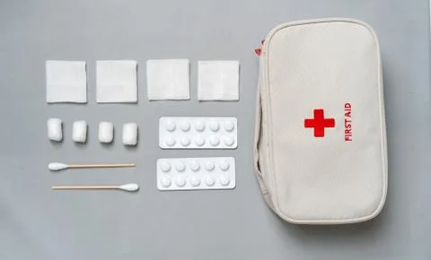 First aid kit from the top view in studio Stock Photos