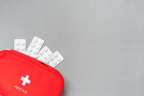 First aid kit from the top view in studio Stock Photos