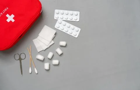 First aid kit from the top view in studio Stock Photos