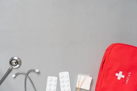 First aid kit from the top view in studio Stock Photos
