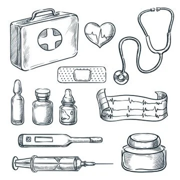 First aid kit vector sketch illustration. Medicine and healthcare hand drawn 스톡 일러스트
