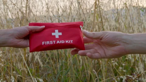 A first aid kit from which men's hands take out pills. Close-up. Stock Footage 278118440