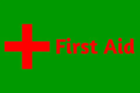 First Aid Lettering Text On Green Colour Background Illustration Photos Stock Illustration