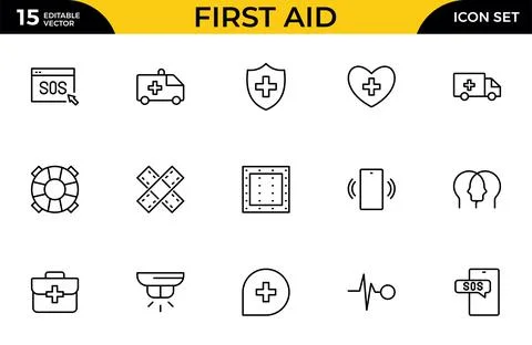 First Aid Outline Icon Set  Emergency Kit and Survival Medical Icons Collec.. Stock Illustration