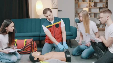 First aid resuscitation, CPR training, medicine, healthcare and medical concept Stock Footage 243179164