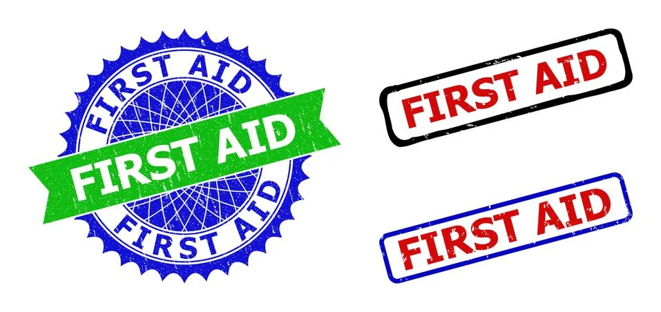 FIRST AID Rosette and Rectangle Bicolor Stamps with Corroded Textures Stock Illustration