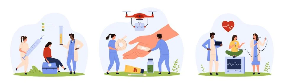 First aid set, tiny people healing wound with elastic bandage, check heart 스톡 일러스트