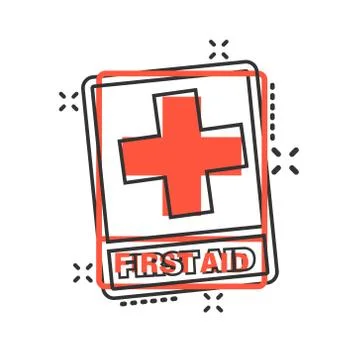 First aid sign icon in comic style. Health, help and medical vector cartoon i Ilustração Stock