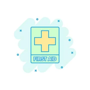 First aid sign icon in comic style. Health, help and medical vector cartoon i Stock Illustration