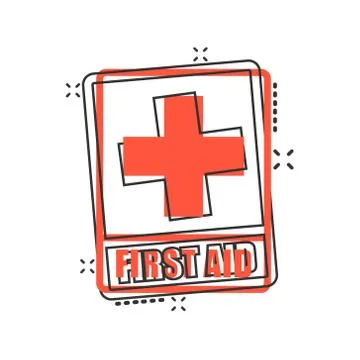 First aid sign icon in comic style. Health, help and medical vector cartoon i Ilustração Stock