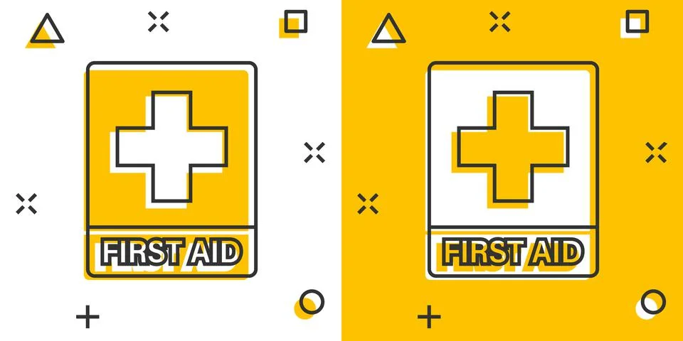 First aid sign icon in comic style. Health, help and medical vector cartoon i Ilustração Stock