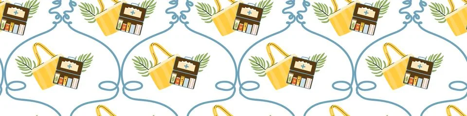 First aid summer travel pattern with tropical elements Stock Illustration