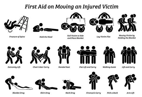First aid techniques on moving an injured victim stick figures icons. Vector  Stock Illustration