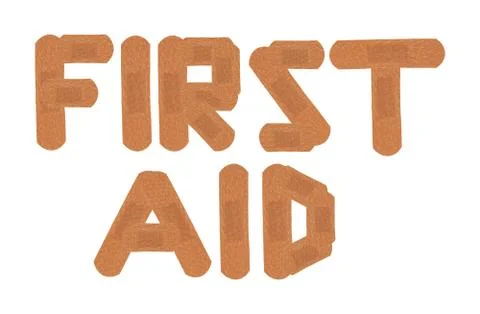 First aid text using medical plasters isolated on white with clipping path Foto stock