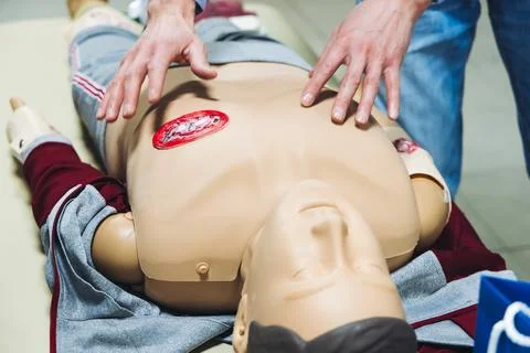 First aid training course with dummy, CPR emergency reanimation procedure o.. 写真素材