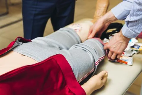 First aid training course with dummy, CPR emergency reanimation procedure o.. 写真素材