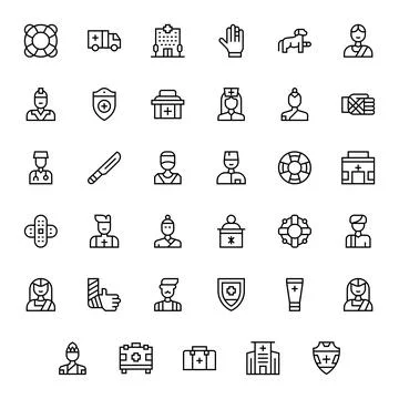 First Aid Vector Icon Set with 35 Regular Line 64x64 Detail Enhanced Graphics Stock Illustration