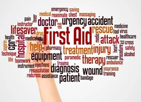 First aid word cloud and hand with marker concept Stock Photos