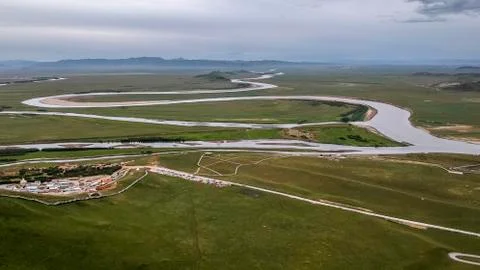 The first bend of the zigzagged yellow river Stock Photos