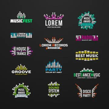 First big set music equalizer emblem vector elements on dark background Stock Illustration
