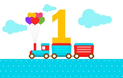 First birthday greeting card vector template toy train with balloons carrying Stock Illustration