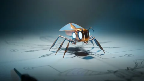 A first boot-up of futuristic insect. Power up light, systems check, limbs test Stock Footage 201238607