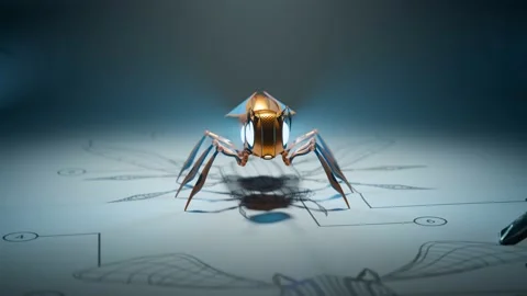 A first boot-up of futuristic insect. Power up light, systems check, limbs test Stock Footage 201238639