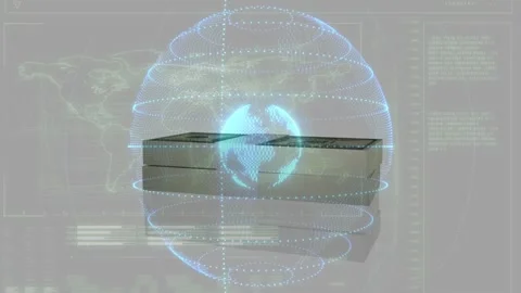 First bundle appearing, banknote bundles stacking beneath pulsing 3D globe, Stock Footage 328657260