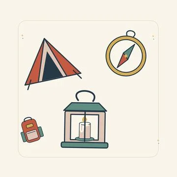 First camping trip with a tent and compass. Decorative flat vector compositio Illustrazione stock