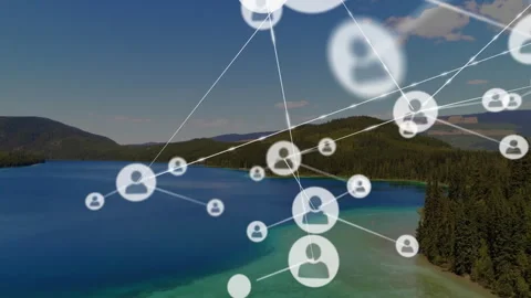 First circle floating over mountain lake starting nodes linking and visualizing Stock Footage 309895320