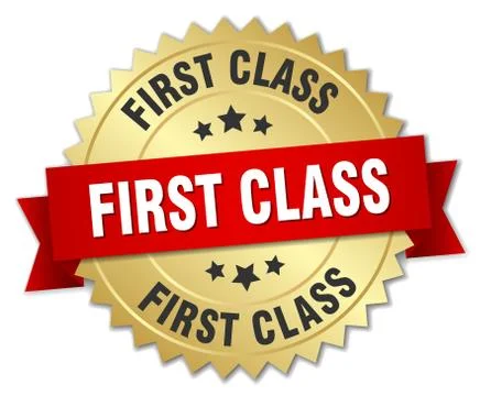 First class 3d gold badge with red ribbon 스톡 일러스트