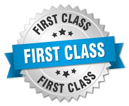 First class 3d silver badge with blue ribbon 스톡 일러스트