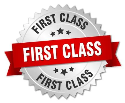 First class 3d silver badge with red ribbon 스톡 일러스트