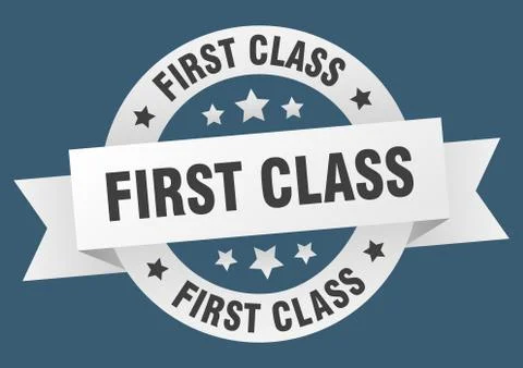 First class ribbon. first class round white sign. first class 스톡 일러스트