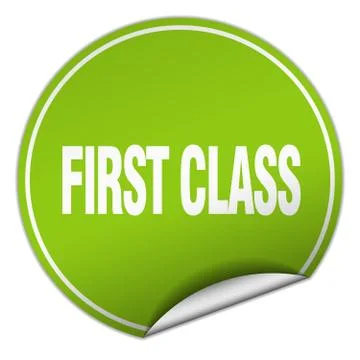 First class round green sticker isolated on white 스톡 일러스트