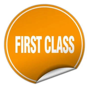 First class round orange sticker isolated on white 스톡 일러스트