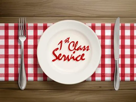 First class service written by ketchup on a plate 스톡 일러스트
