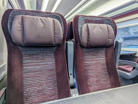 First Class Train Interior With Comfortable Passenger Seats Stock Photos