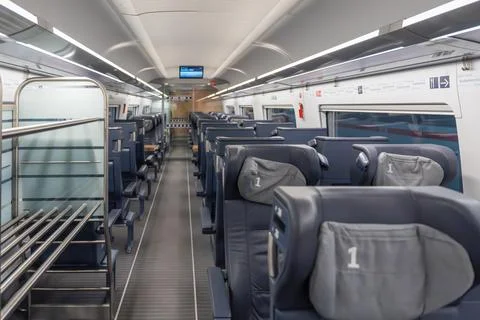 First class train interior wide view. Stock Photos