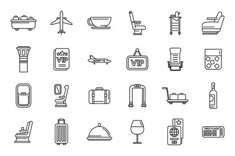 First class travel icons set outline vector. Airplane service Stock Illustration