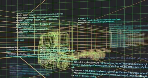 On first code fade-in, yellow wireframe semi-truck staying fixed while layering Stock Footage 317155490