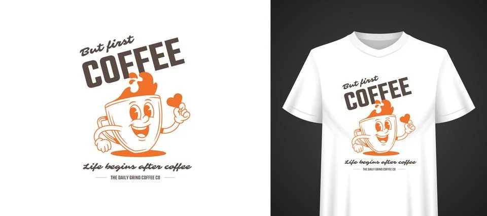 But First Coffee Mascot Vector Template  For Retro Cartoon T-shirt Print Stock Illustration