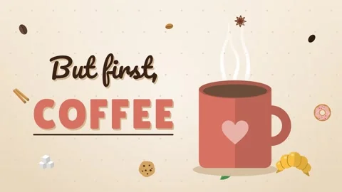 But first coffee quote with a steaming mug and floating treats on cream Stock-Footage 348618037