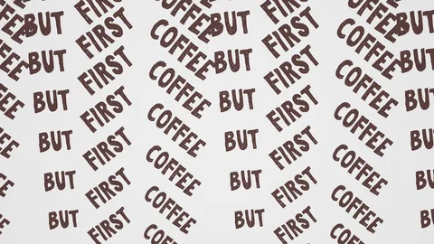 But first coffee text kinetic typography. Hot beverage and coffee time concept Video stock 128555296