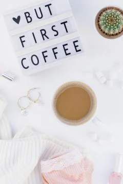 But first coffee text on lightbox with Coffee Cup Stock Photos