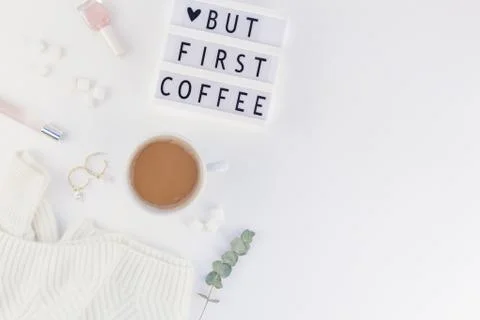 But first coffee text on lightbox with Coffee Cup Stock Photos