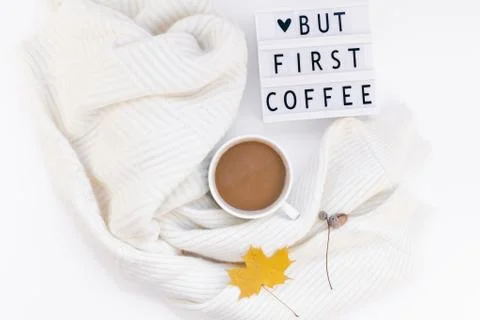 But first coffee text on lightbox with Coffee Cup Foto stock